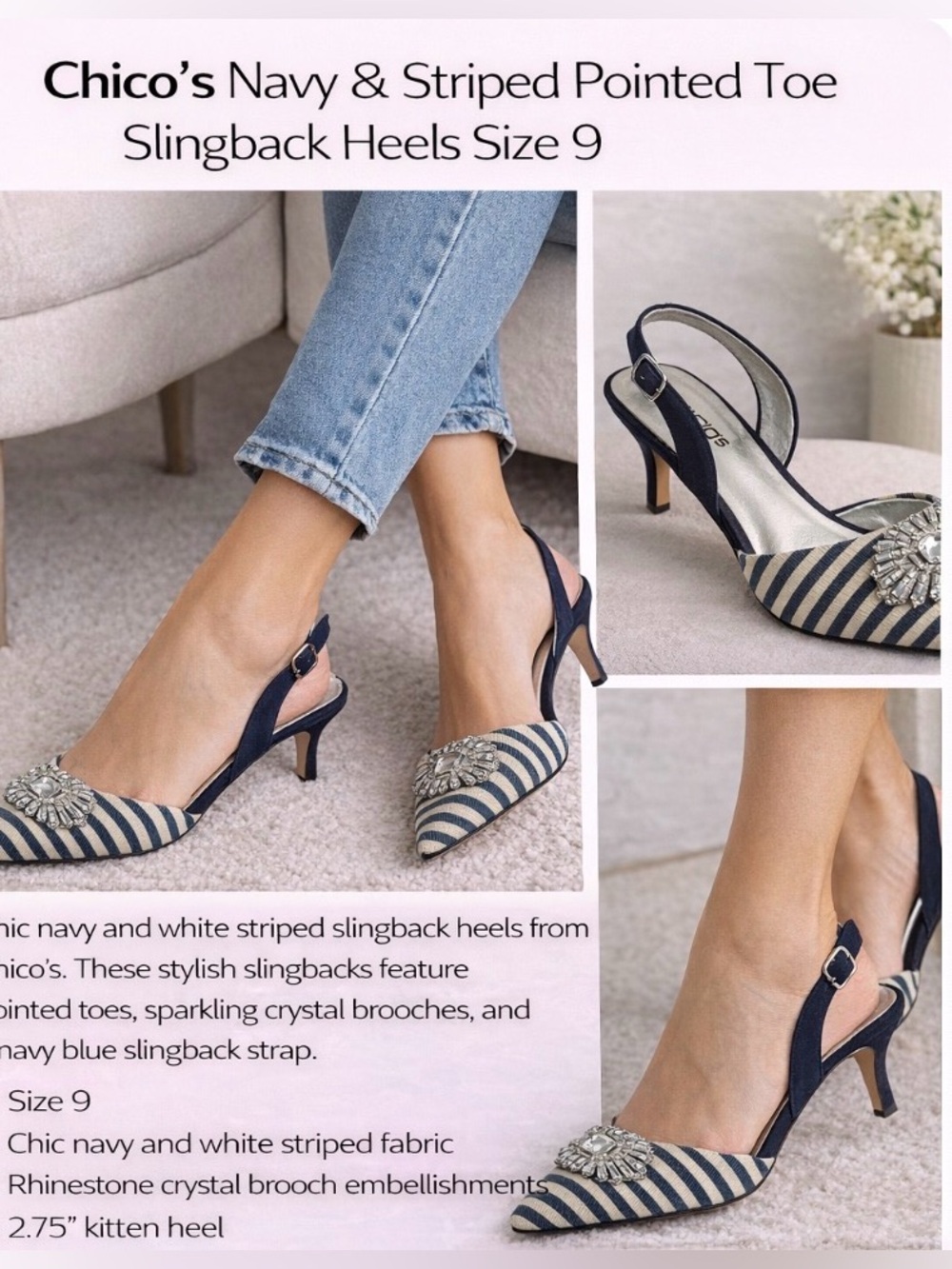 Chico’s Navy Striped Slingback Heels Crystal Brooch Pointed Toe Size 7.5 - Picture 2 of 5
